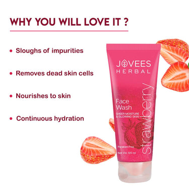 Jovees Herbal Strawberry Face Wash For Hydrating & Glowing Skin with Strawberry Ext. | Gentle Cleanser For Brightens Skin, Removes Pigmentation | For Normal to Dry Skin Types - 120ML